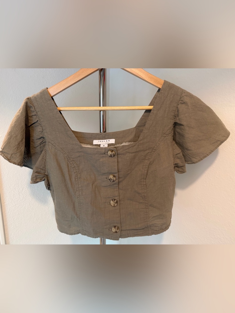 Women’s Linen-Blend Button Front Corset Style Top in Olive Green